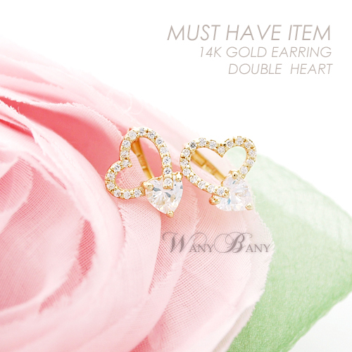▒14K GOLD▒ Double Heart Earrings