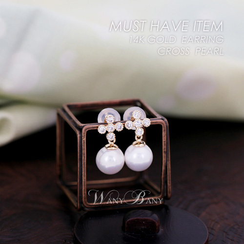 ▒14K GOLD▒ Cross Pearl Earrings