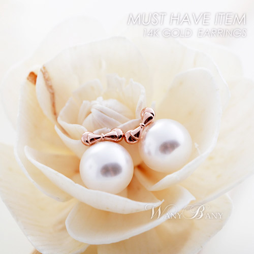 ▒14K GOLD▒ Pink Ribbon Pearl Earrings