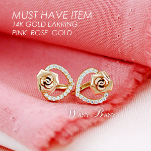 ▒14K GOLD▒ Pink Rose Heart Earrings