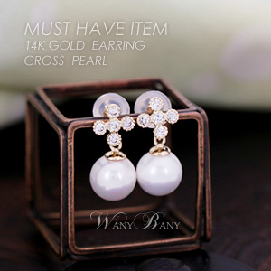 ▒14K GOLD▒ Cross Pearl Earrings